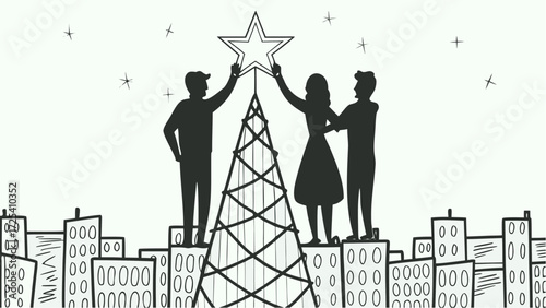 Silhouette figures placing star on christmas tree atop city buildings under a starry sky celebration scene