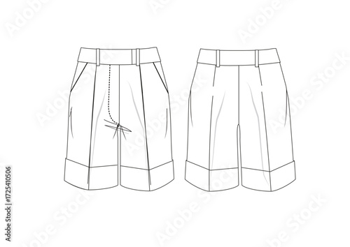Woman Basic Chino Bermuda Short Fashion Sketch Template Front & Back Technical Draw  Fashion Illustration