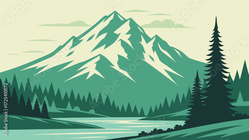 Mountain reflects softly on a gentle river near a dense evergreen forest scene