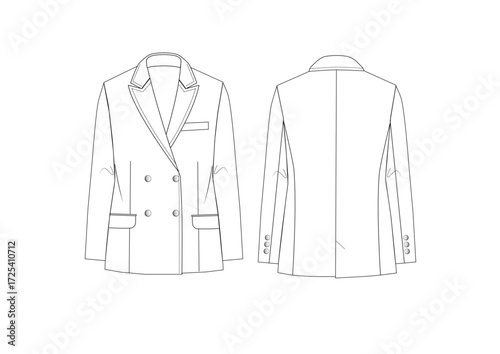 Woman Classic Jacket With Two Flap Pockets and Double Breasted Collar Fashion Sketch Template Front & Back Technical Draw  Fashion Illustration