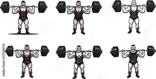 Illustrations of a strong man performing barbell squats, displaying strength, power, and dedication to bodybuilding and fitness.