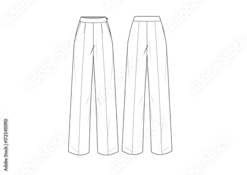 Woman Basic Chino Wide Leg Pant Fashion Sketch Template Front & Back Technical Draw  Fashion Illustration