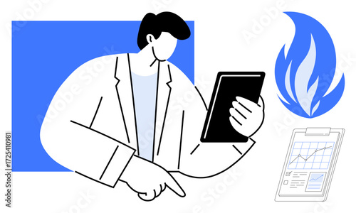 Man holding a tablet, pointing toward data trends and fire element. Ideal for strategy, urgency, innovation, data analysis, risk management, business growth visualization. Simple flat metaphor