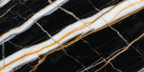 Vector art of an elegant black marble slab with striking white and gold veins, creating a luxurious and sophisticated aesthetic, perfect for highend interior design