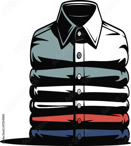 Vector illustration of neatly stacked shirts in a modern minimalist style, crisp, freshly laundered clothing, organized wardrobe essentials, stylish apparel collection design