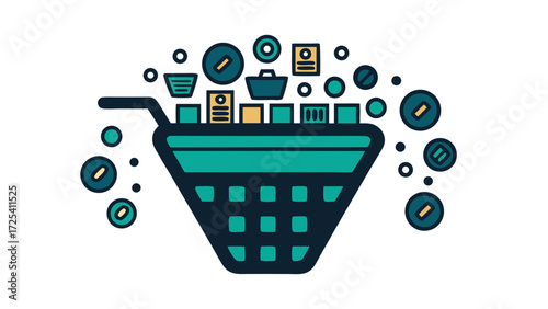 Shopping cart overflowing with abstract product icons and coins shopping cart, e-commerce, online shopping, retail, sale, discount, offer, promotion, basket, trolley, products, icons, abstract