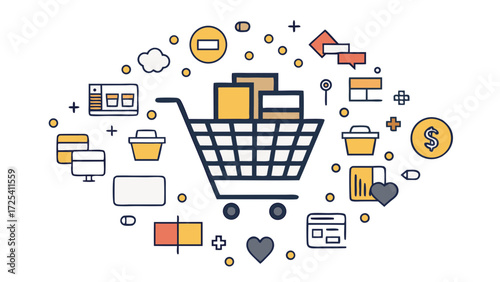 Online shopping concept with shopping cart and various icons shopping cart, online shopping, e-commerce, retail, business, concept, illustration, digital, internet, store, purchase, buy, sale