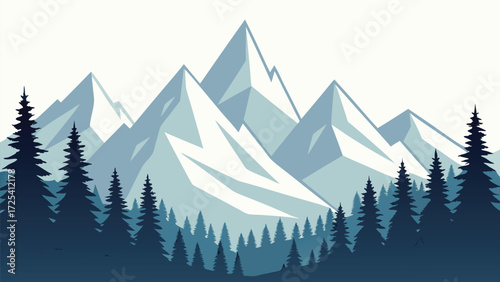 Abstract art shows majestic polygonal mountains shrouded by dense evergreen trees in cool shades