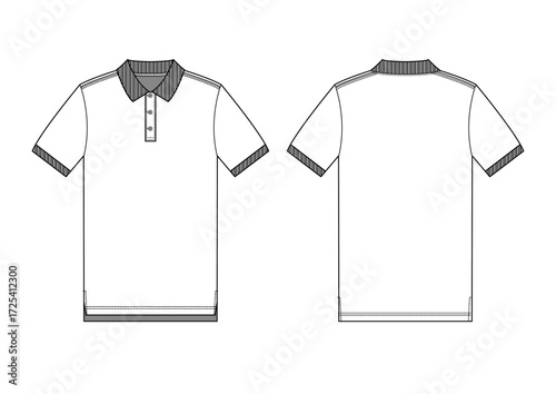 Men Polo T-Shirt With Buttons, Fitted Slim Body Short Sleeves, Fashion Sketch Template Front & Back Technical Draw  Fashion Illustration