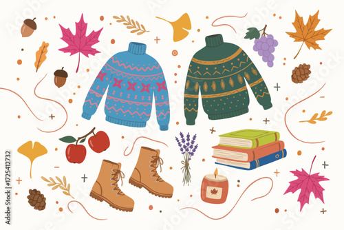 Cozy autumn hygge set vector illustration with sweaters, boots, books, and fall leaves. Hand-drawn vector illustration of seasonal lifestyle essentials.