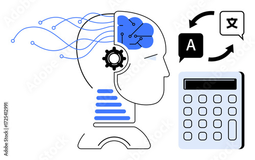 Human head outline with brain circuits, linking to translation icons, calculator. Ideal for AI, technology, machine learning, automation, neural networks, cognitive science simple flat metaphor
