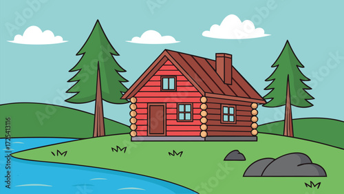 Red log cabin stands next to a stream under a partly cloudy sky