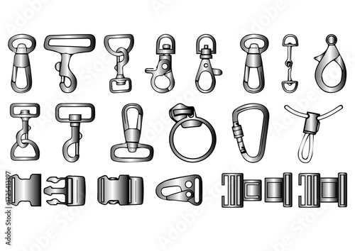 19 Belt / Bag Metal Hook and Eye Fastener Set Templates Fashion Technical Drawing Illustrations