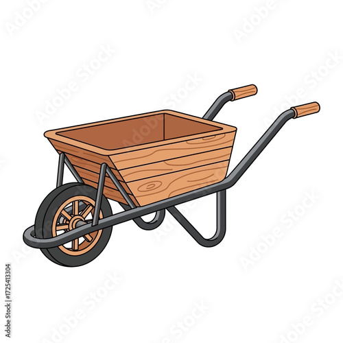 Empty Wooden Garden Wheelbarrow Illustration with Rustic Charm for Yard Work, Farming, and Landscaping Projects, Ready for Carrying Tools and Materials