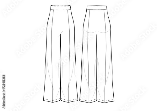 Woman Basic Classic Wide Leg Pant Fashion Sketch Template Front & Back Technical Draw Fashion Illustration	
