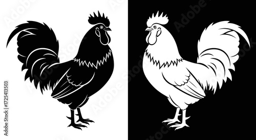 Stylized Black and White Rooster Silhouettes