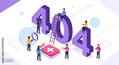 Isometric 404 Error Page Not Found with Team Solving Problem