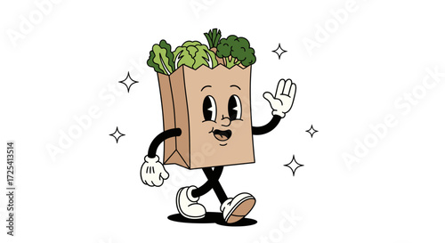 Happy Retro Cartoon Grocery Bag Character with Fresh Vegetables