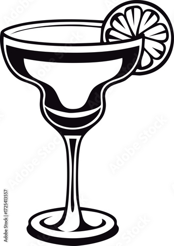 Margarita Glass with Lime Slice Vector Illustration Black and White