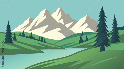 Serene mountain peaks rise beyond a tranquil river flowing through lush green hillsides