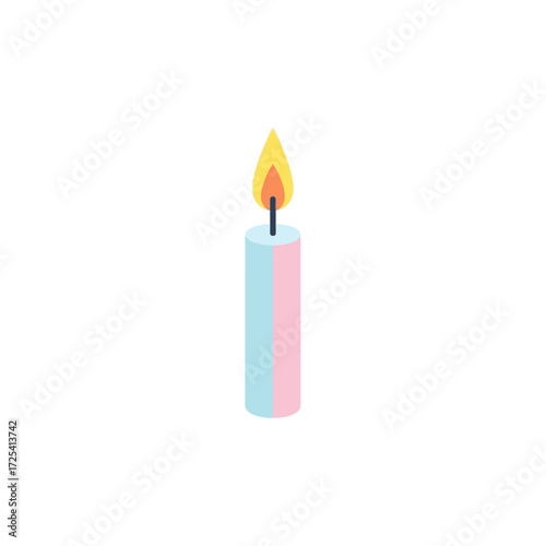 A single lit celebration candle with vertical pastel pink and blue stripes, a symbol of transgender pride and hope