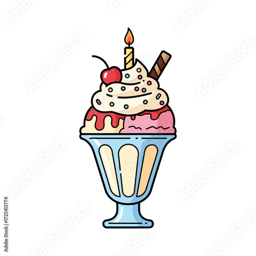 A Delicious Birthday Ice Cream Sundae with Candle and Cherry Topping