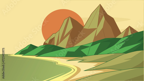 Warm sunshine bathes the beach landscape, lighting up the sandy coast and majestic mountains