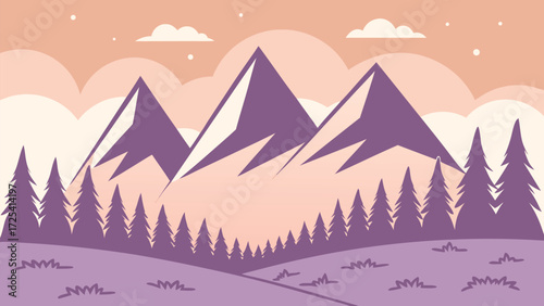 Three stunning purple mountain peaks rise over a stylized forest landscape during sunset