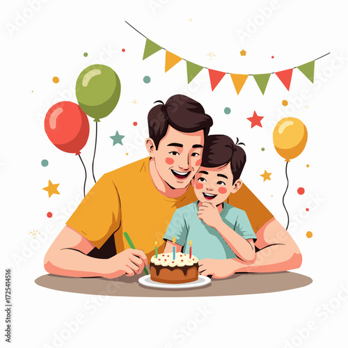 Father hugging son at birthday table with cake and colorful balloons  