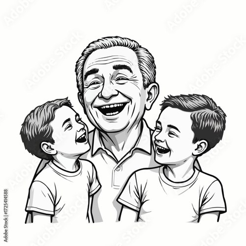 Elderly man laughing with two children in a sketchy style  