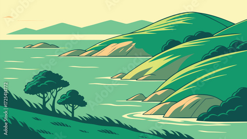 Green hills descend to tranquil water with islands, grass, and trees dotting the landscape