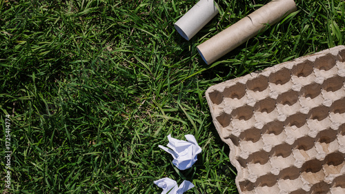 concept of ecology and recycling waste - paper, glass, plastic, cardboard, green grass in the background. Recycling eco symbol, reuse, conscious consumption, caring for nature flat lay, top view