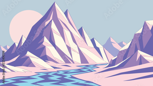 Polygonal mountains rise beside a stream as a soft sun sets on the horizon