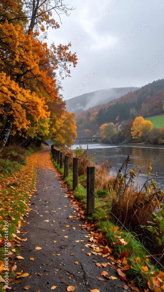 Obraz premium Autumnal path alongside a river, fallen leaves scattered, misty hills in the background