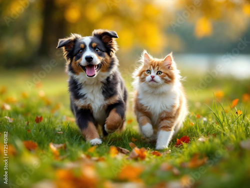 Happy dogs and cats running together outdoors in autumn park, joyful pets playing on grass with colorful fall leaves, adorable puppy and kitten friendship, fun animal lifestyle and seasonal nature sce