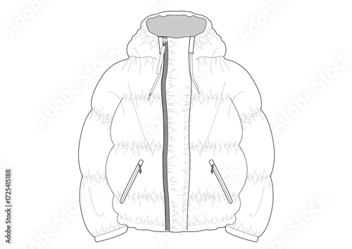 Men Puffy Jacket Outerwear With Zipper Pockets Fashion Sketch Template Front Technical Draw Fashion Illustration	
