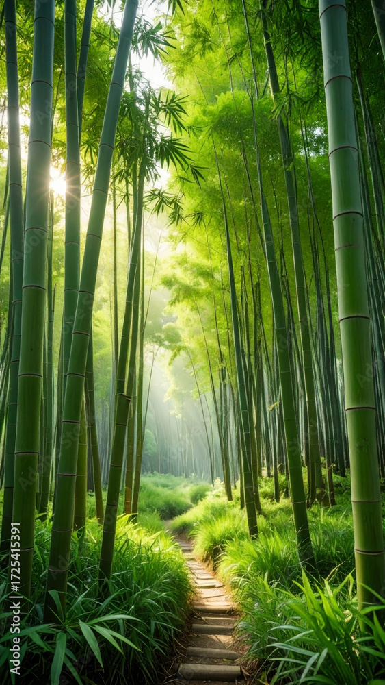 Obraz premium Serene bamboo forest path illuminated by sunlight filtering through the canopy