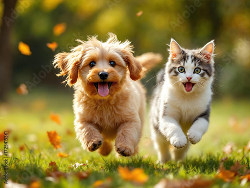 Happy dogs and cats running together outdoors in autumn park, joyful pets playing on grass with colorful fall leaves, adorable puppy and kitten friendship, fun animal lifestyle and seasonal nature sce