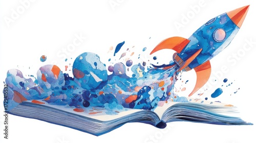 Colorful Rocket Emerging From an Open Book With Vibrant Splashes