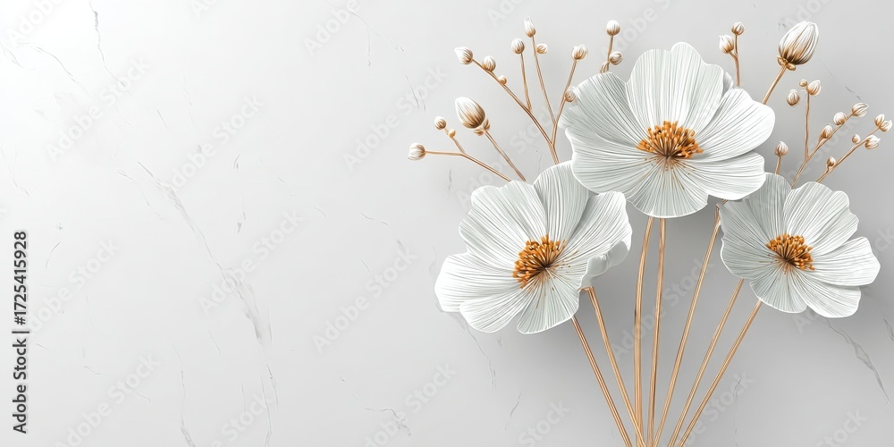 Obraz premium Elegant Studio Shot Featuring White Cosmos Floral Pattern Accents on a Polished Marble Background