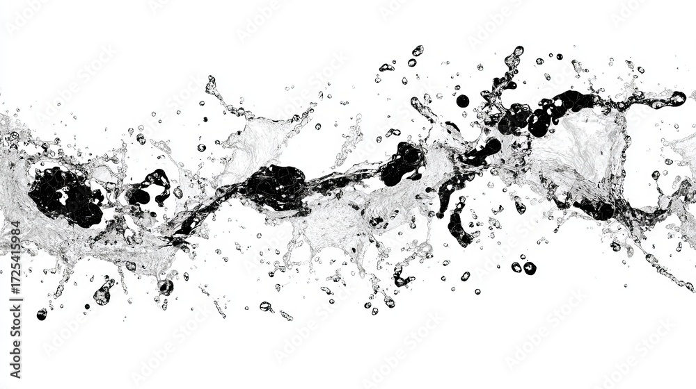 Fototapeta premium Abstract black and white water splashing particles scattered on white background, dynamic liquid motion with shades and textures, modern concept of contrast and fluid design