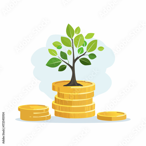 Growing money tree on a stack of gold coins.