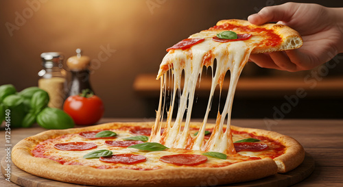 A hand pulling a slice of hot, cheesy pizza, with a long cheese pull