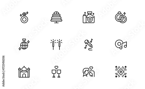 Wedding and event line icon set featuring editable, pixel-perfect symbols with professional, modern, and minimal style ideal for celebrations and planning themes.