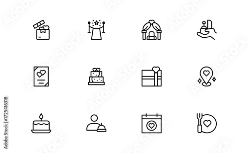 Wedding and event line icon set featuring editable, pixel-perfect symbols with professional, modern, and minimal style ideal for celebrations and planning themes.