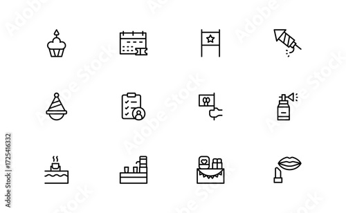 Wedding and event line icon set featuring editable, pixel-perfect symbols with professional, modern, and minimal style ideal for celebrations and planning themes.