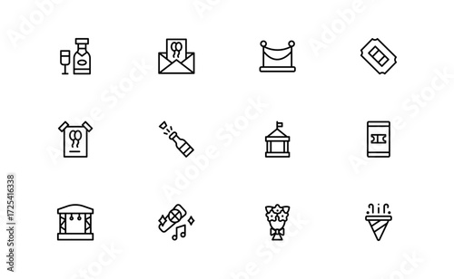 Wedding and event line icon set featuring editable, pixel-perfect symbols with professional, modern, and minimal style ideal for celebrations and planning themes.