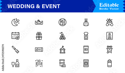 Wedding and event line icon set featuring editable, pixel-perfect symbols with professional, modern, and minimal style ideal for celebrations and planning themes.
