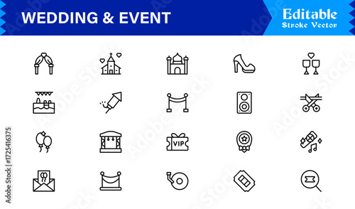 Wedding and event line icon set featuring editable, pixel-perfect symbols with professional, modern, and minimal style ideal for celebrations and planning themes.