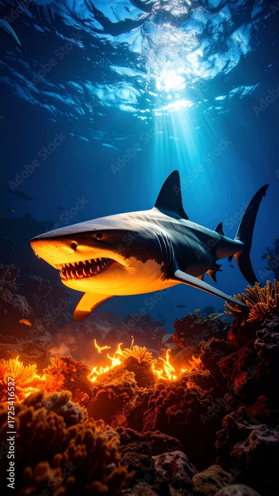 Fototapeta premium Majestic shark in vibrant coral reef with sunlight piercing through ocean surface